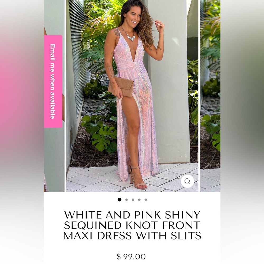 Sequin Knot-Front Pink & White Maxi Prom Dress with Slits